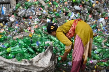 a woman collecting plastic bottles