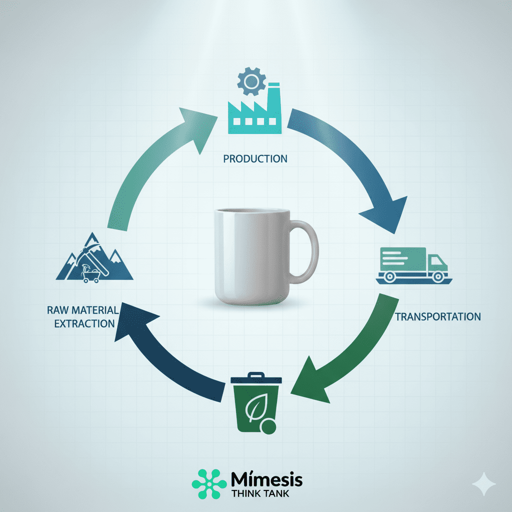 Ilustración de una taza de café en el centro, rodeada de iconos que representan el ciclo de vida del producto: extracción, producción, transporte, uso y disposición final.