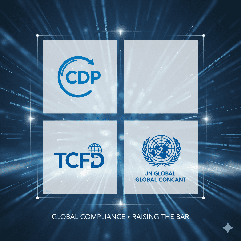 Iconos de los estándares de reporte voluntario CDP, TCFD y Pacto Global, simbolizando el cumplimiento y el compromiso internacional