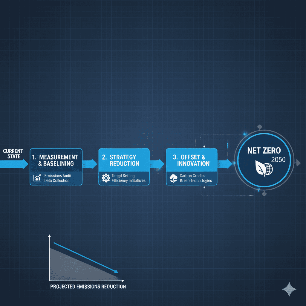 Diagrama de flujo que ilustra una hoja de ruta para una propuesta Net Zero, con nodos que representan la medición, la estrategia y los objetivos para el 2050.