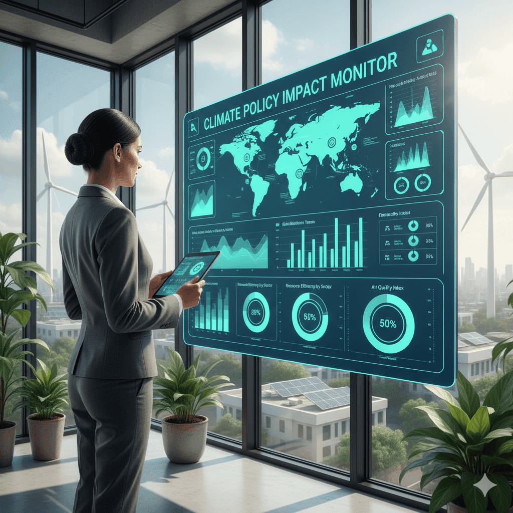 Un profesional monitorea un tablero de control en tiempo real con datos de impacto de políticas públicas climáticas, utilizando herramientas como PowerBI o Tableau.