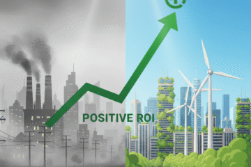 Visual de dos ciudades: una gris y con humo, y otra verde y con energía eólica. Un gráfico de retorno de la inversión (ROI) muestra los beneficios de los planes de descarbonización.