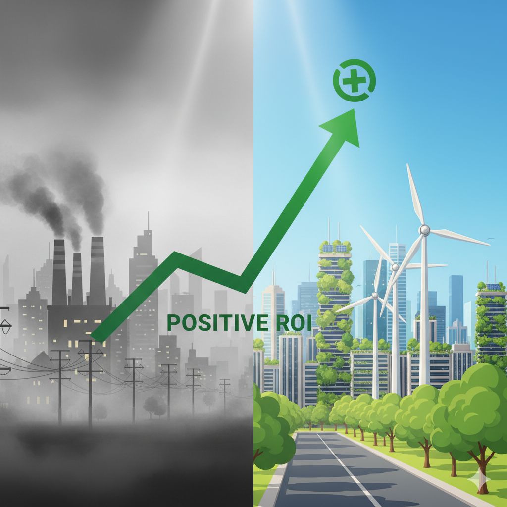 Visual de dos ciudades: una gris y con humo, y otra verde y con energía eólica. Un gráfico de retorno de la inversión (ROI) muestra los beneficios de los planes de descarbonización.