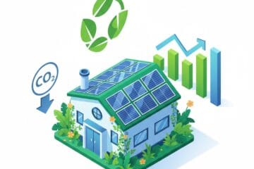 Ilustración 3D isométrica de pequeña empresa colombiana sostenible con paneles solares, crecimiento económico y reducción de CO2.